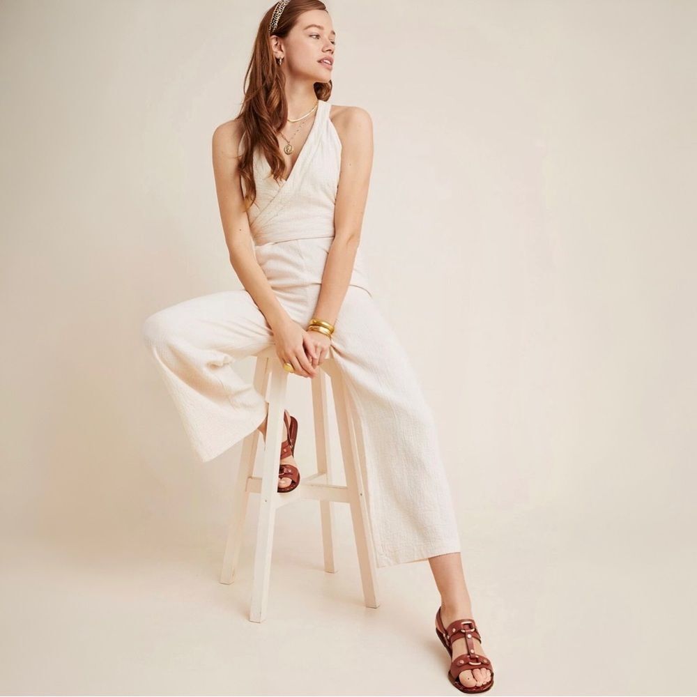 Anthropologie Demi Textured Surplice Neck Wide-Leg Jumpsuit | Ivory | Size 8